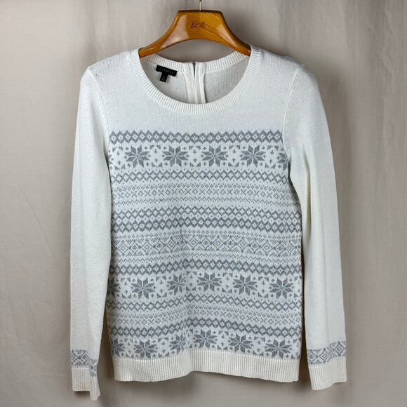 Talbots Size Small Sparkle Fair Isle Sweater - Cream Off White Grey Snowflakes - Picture 1 of 11